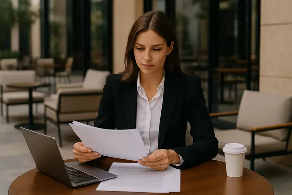 a female lawyer reading a document outside of a coffee place from Dallas Lemon Law Attorney in Frisco, TX - Frisco TX