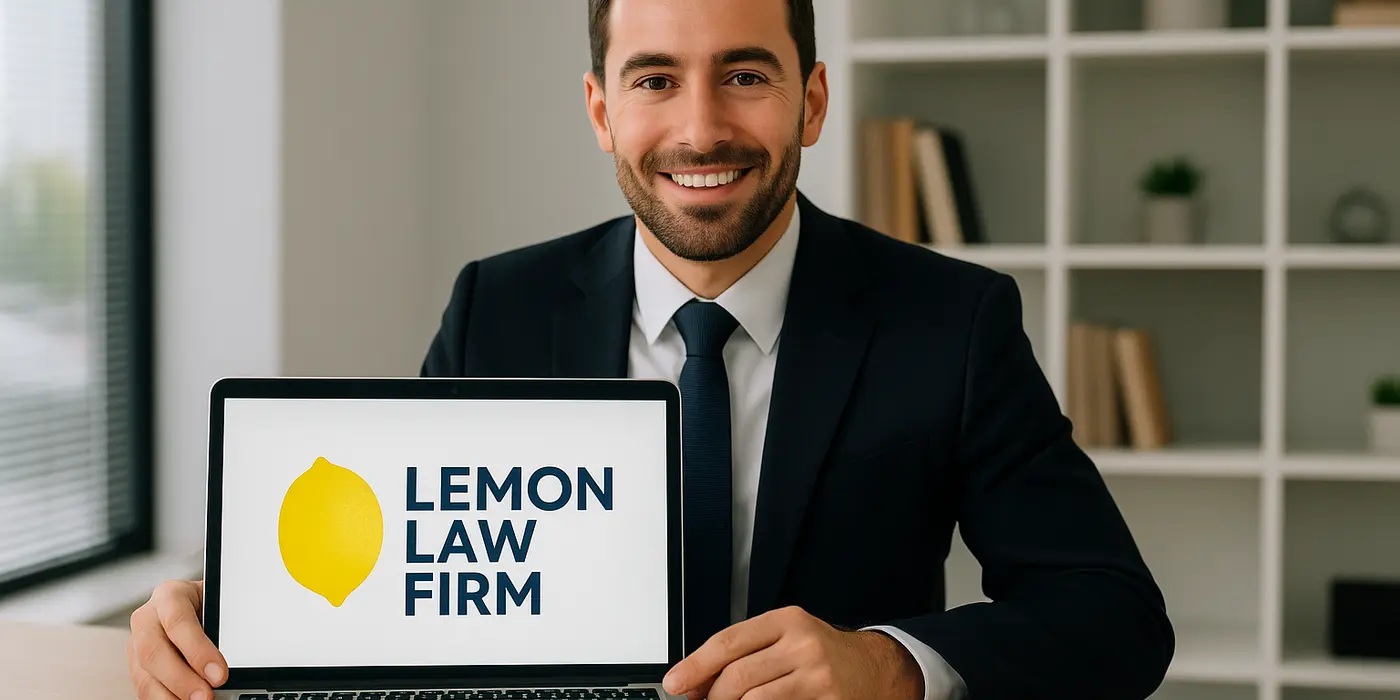 a lwayer in his office showing a laptop screen that says lemon law firm from Dallas Lemon Law Attorney in Garland, TX - Garland TX