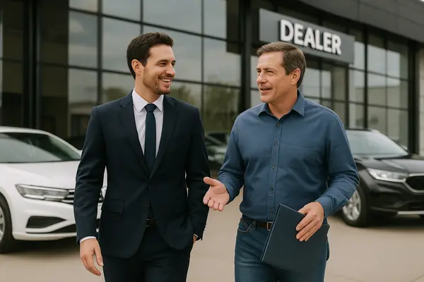 a lawyer walking with a customer and both are smiling from Dallas Lemon Law Attorney in Garland, TX - Garland TX