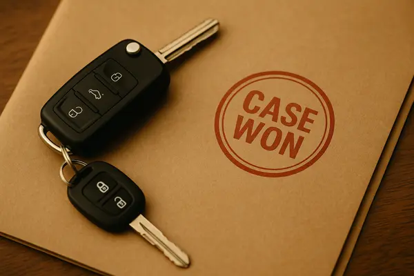 a key set on top of a folder that says case won from Dallas Lemon Law Attorney in Dallas, TX - general motors lemon law