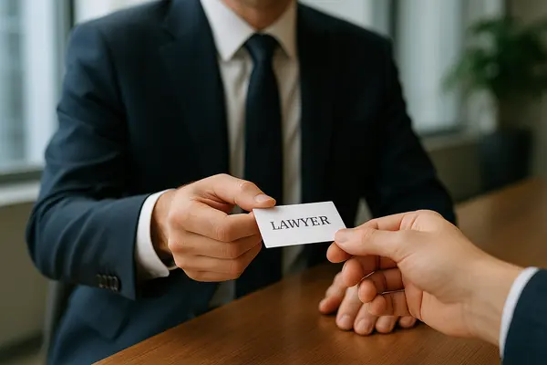 a lawyer handing a man a business card from Dallas Lemon Law Attorney in Dallas, TX - hyundai lemon law