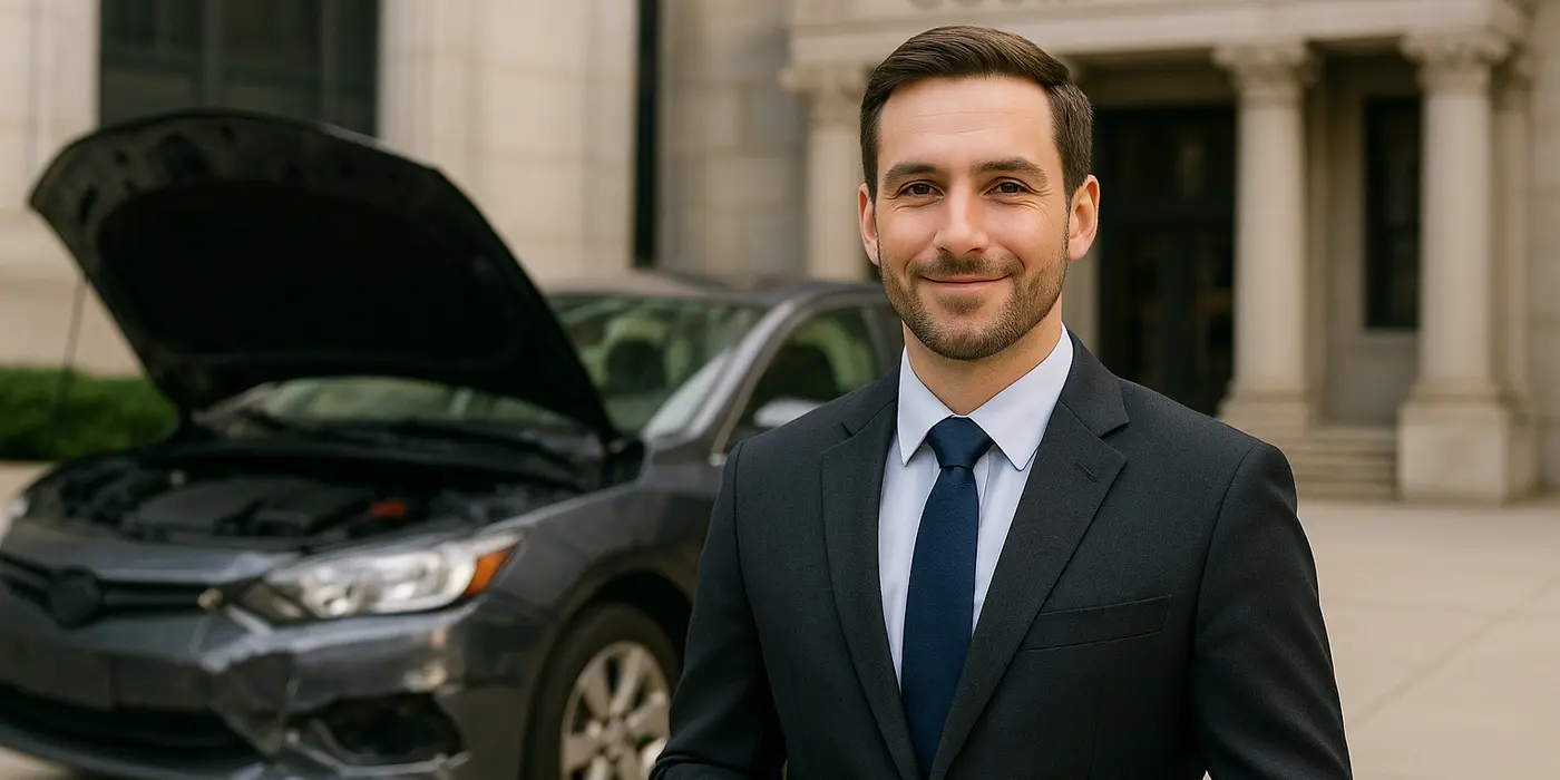 a male lawyer smiling at the camera with a lemon car in the background from Dallas Lemon Law Attorney in Irving, TX - Irving TX