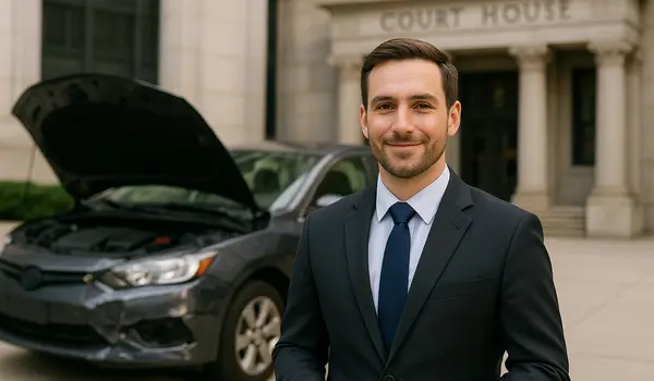 a male lawyer smiling at the camera with a lemon car in the background from Dallas Lemon Law Attorney in Irving, TX - Irving TX