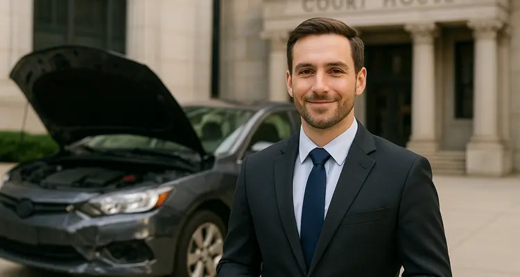 a male lawyer smiling at the camera with a lemon car in the background from Dallas Lemon Law Attorney in Irving, TX - Irving TX