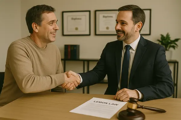 a lemon law lawyer shaking hands with a customer in his office from Dallas Lemon Law Attorney in Irving, TX - Irving TX