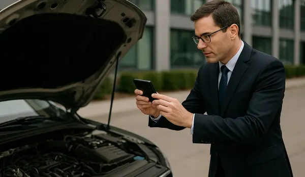 a man taking a picture with his phone under the hood of his lemon car from Dallas Lemon Law Attorney in Dallas, TX - Lawyer near me
