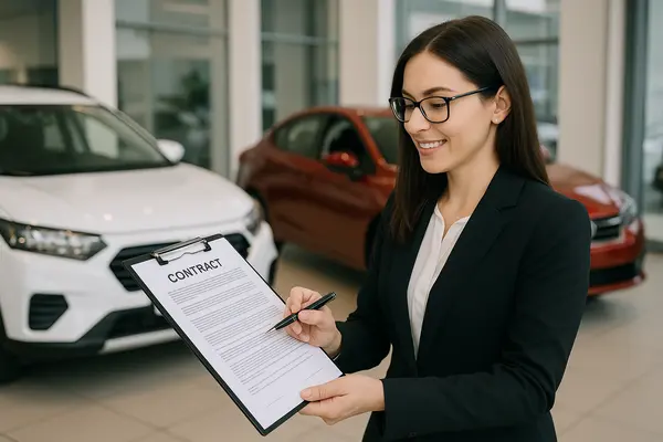 a woman representative holding a contract at a car dealership from Dallas Lemon Law Attorney in Dallas, TX - Lawyer near me a woman representative holding a contract at a car dealership from Dallas Lemon Law Attorney in Dallas, TX - Lawyer near me