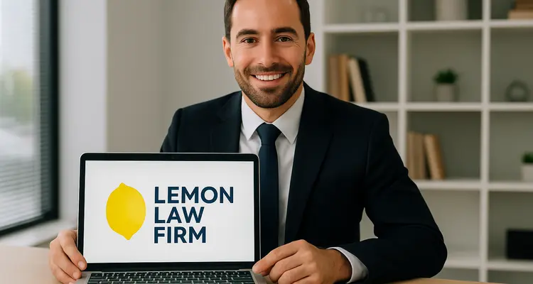 a lwayer in his office showing a laptop screen that says lemon law firm from Dallas Lemon Law Attorney in Dallas, TX - lemon law buyback