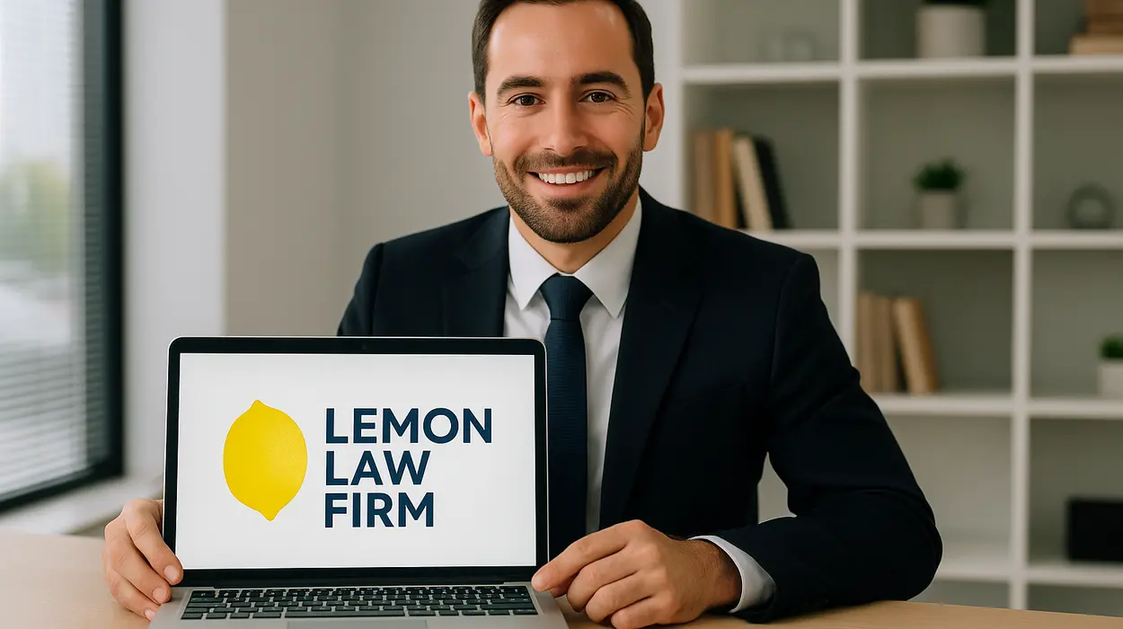 a lwayer in his office showing a laptop screen that says lemon law firm from Dallas Lemon Law Attorney in Dallas, TX - lemon law for campers