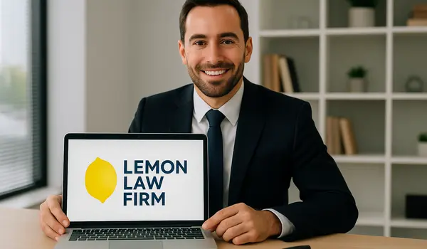 a lwayer in his office showing a laptop screen that says lemon law firm from Dallas Lemon Law Attorney in Dallas, TX - lemon law for campers