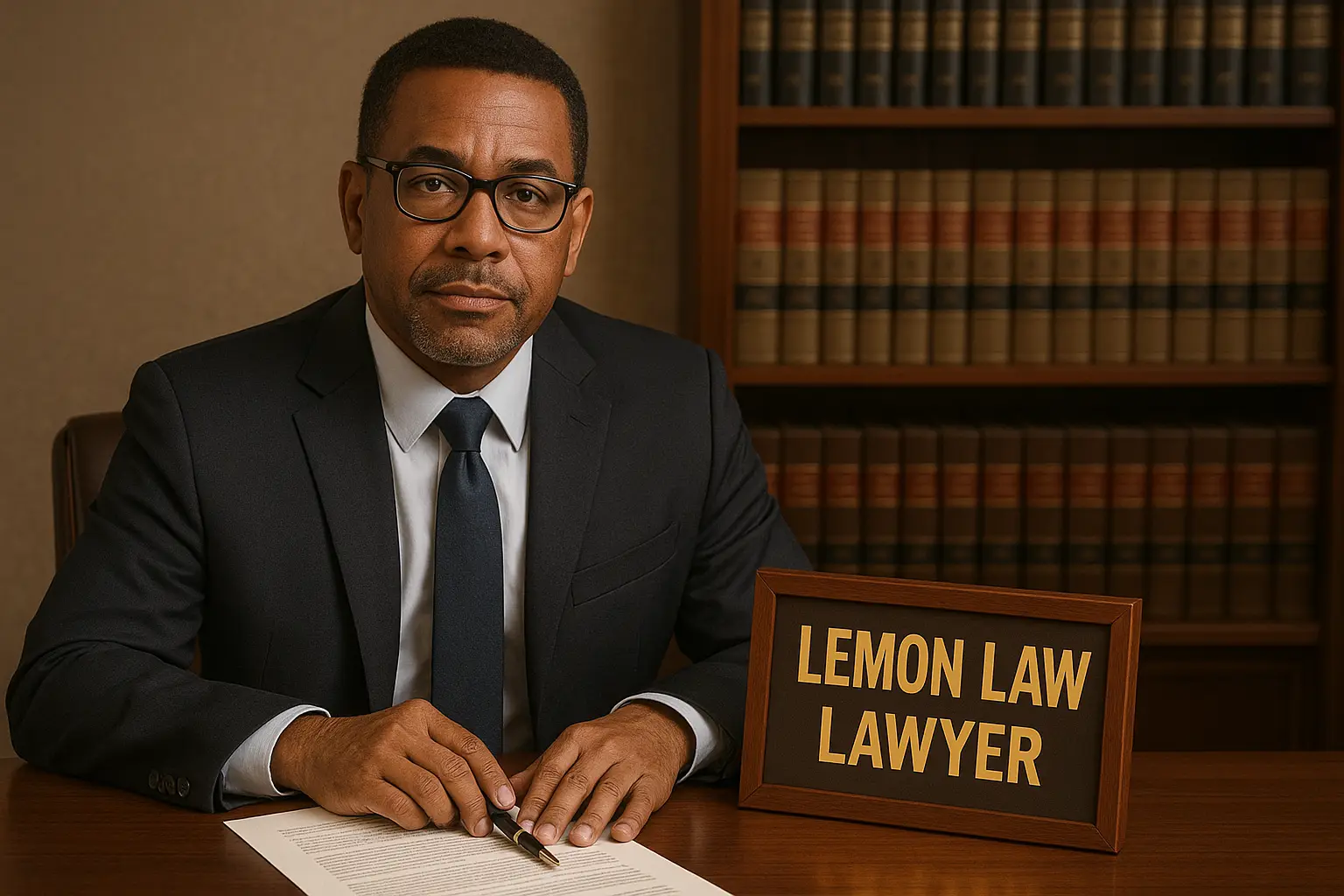 a lawyer seating at his desk with a sign next to him that says lemon law from Dallas Lemon Law Attorney in Plano, TX - Plano TX