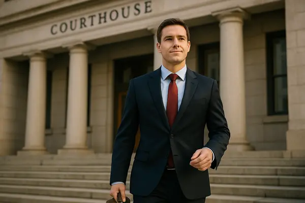 a lawyer walking down the stairs of a courthouse entrance from Dallas Lemon Law Attorney in Richardson, TX - Richardson TX