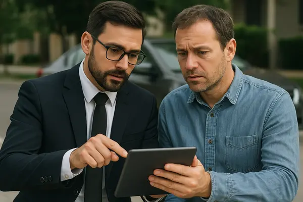 a lawyer with an ipad explaining something to his client from Dallas Lemon Law Attorney in Dallas, TX - second hand car lemon law