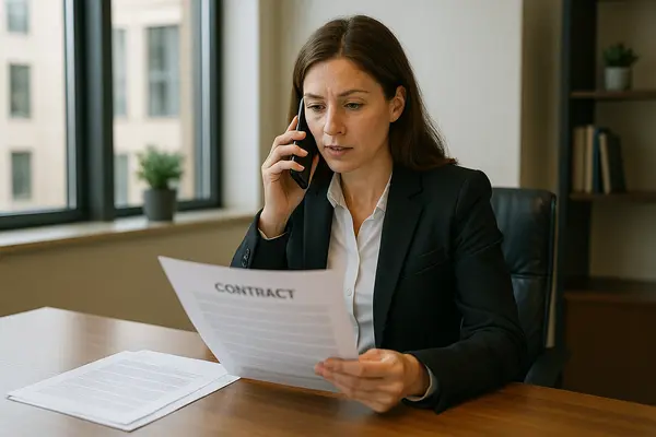 a female lawyer talking on her phone while holding a legal document from Dallas Lemon Law Attorney in Dallas, TX - tesla lemon law