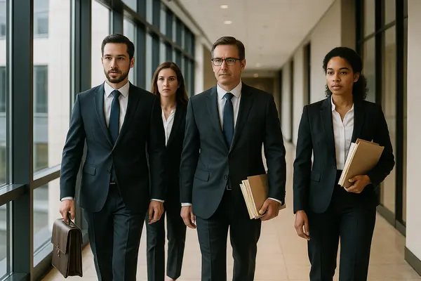 4 lawyers walking down the hall of a building from Dallas Lemon Law Attorney in Dallas, TX - tesla lemon law