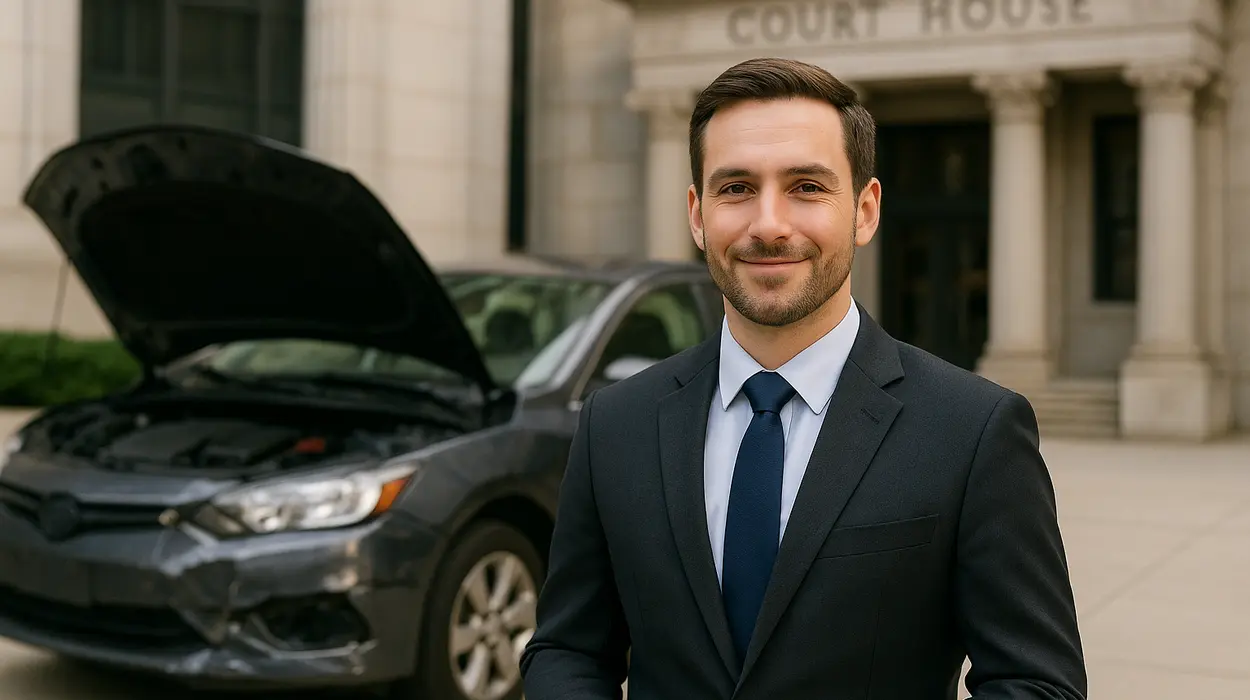 a male lawyer smiling at the camera with a lemon car in the background from Dallas Lemon Law Attorney in Dallas, TX - what is a lemon car