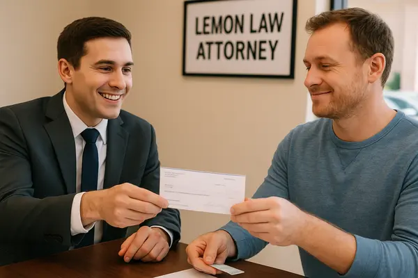 a lemon law lawyer handing a check to his customer after winning his case from Dallas Lemon Law Attorney in Dallas, TX - what is a lemon car a lemon law lawyer handing a check to his customer after winning his case from Dallas Lemon Law Attorney in Dallas, TX - what is a lemon car